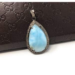 Larimar Gemstone Oxidized Silver Diamond Pendant